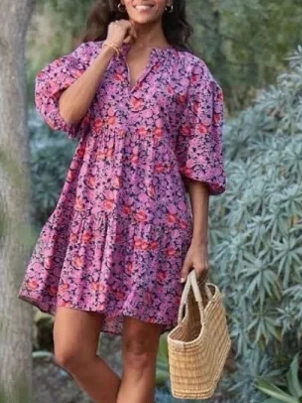 Sundry Pink Floral Tiered Mini Dress